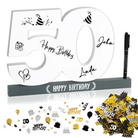 BOFUNX 50th Birthday Guest Book + Birthday Confetti + Pen, Wooden Creative 50th Birthday Gift Idea for Women Men Wooden Keepsake Table Decoration