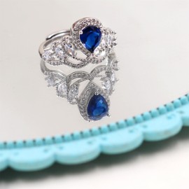 Vivaday Crown shaped Free-Size Pear-Cut Ring Fashion Design Blue Zircon Rings Women's Wedding Band YA4666