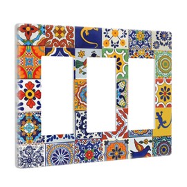 Mexican Moroccan Colorful Boho Tile 3 Gang Triple Rocker/Decorator Light Switch Wall Plate Cover Decorative GFCI Electrical Faceplate Switchplate