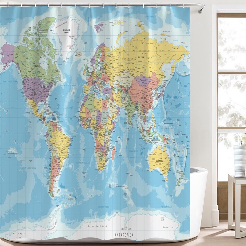 TOMOZ World Map Shower Curtain, Countries and Cities Shower Curtains,