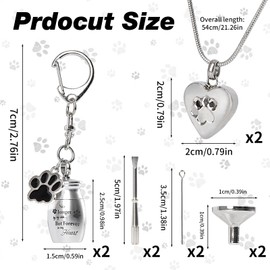 DISWALE 2 Set Pet Cremation Jewelry for Ashes, Dog/Cat Urns Keychain, Heart Urn Necklace Memorial Keepsake for Ashes with Filling Kit Storage Bag(Silver)