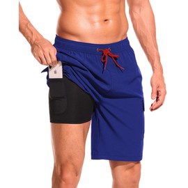 SILKWORLD - Traje de baño para hombre con forro de compresión, secado rápido, pantalones cortos de natación de 9 pulgadas con bolsillos tipo cargo, Azul, Small