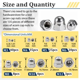 Vifmy 304 Stainless Steel Acorn Nuts Assortment Kit(135PCS),M3 M4 M5 M6 M8 M10 M12 Metric Hex Acorn Cap Nuts Sets, Cap nut for Bolt,Dome Head Hex Nuts for Indoor Outdoor