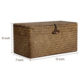 FOSSORH Natural Seagrass Storage Baskets with Lid,Multipurpose Home Organizer Bins Boxes for Shelf Organizer,Decorative Storage Bins- 12'' x 7'' x 6''