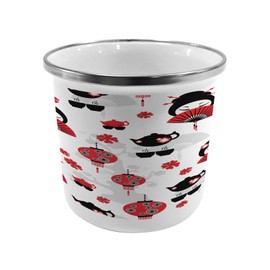 Lunarable Oriental Metal Camping Cup, Geisha with Japanese Fan Chinese Traditional Tea Pot Floral Graphic Design, Stainless Steel Mug for Indoor and Outdoor Activities, Black and Red