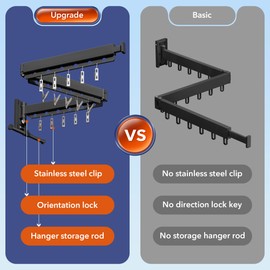 BOQORAD Clothes Drying Rack,Wall Mounted Laundry Rack,Drying Rack Clothing,Laundry Drying Rack Wall Mount,Retractable Clothes Rack,Collapsible,Windproof Holes,with Clips,Black Color