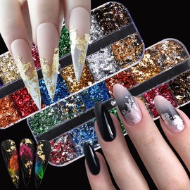 12 Colors Holographic Nail Glitter Foils, Holographic Crafts Stickers Sequins Shiny Charms Sparkly Ultra-Thin Aluminum Foil Nail Art Flakes Design,for Women Girls Manicure Decoration Acrylic Nails Art
