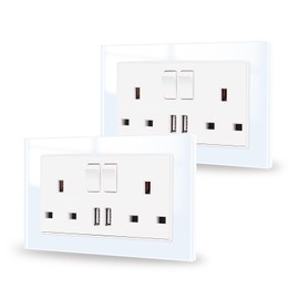 JIMEIDA Double Switched Power Socket White 2 Pack with USB A Charging Ports Crystal Glass Panel Wall Outlet 13 Amp Electric Socket