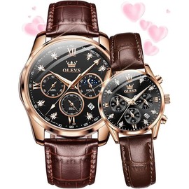 欧利时OLEVS Brand OLEVS Valentines Couple Pair Quartz Watches His and Her Couple Set Leather Chronograph Diamond Wrist Watch Men Women Lovers Wedding Romantic Gifts Set of 2 - Color: A: Brown leather strap & Black dial