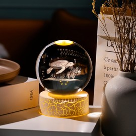 8cm 3D Sea Turtle Crystal Ball Tortoise Carved Collectible Paperweight with LED Warm Light Stand Turtle Animal Gifts for Women Friends for Home Ornament Birthday Christmas