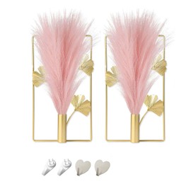 OLINLIFE 2 Park Gold Wall Decor, Wall Metal Elegant Decoration Holder with Artificial Pampas Grass for Home Decor, Wall-Mounted Wall Art Decor Living Room, Dining room, Farmhouse, Boho