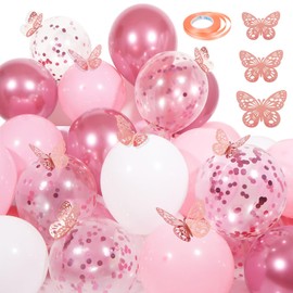 Pink Balloons and Butterfly Stickers, 60 PCS 12 Inch Confetti Balloons, White and Metallic Pink Balloons with 12 PCS Rose Gold Butterfly Stickers for Wedding, Birthday, Party Decorations