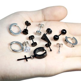 Men's Earrings, Hoop Earrings, Ring, Studs, Crosses, Stainless Steel, 12 Pair Set, 24 Pieces, Unisex, Hypoallergenic, Zirconia, Cross, Black, Silver, Popular