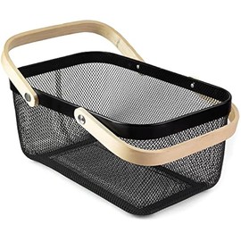 Portable Garden Harvest Basket-Mesh Design Natural Bamboo Handle Wire Storage Baskets,Mesh Basket with Handle Organize Items Reduce Space Occupation,Suitable for Kitchen,Garden,Picnic(Black)