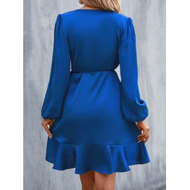 SISKIN Spring Lantern Sleeve Ruffle Trim Wrap Knot Side Satin Midi Dress for Women,Casual Summer Dresses for Women 2024 Trendy Blue M