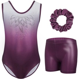 Gogokids Girls' Three Piece Gymnastics Set, Sleeveless Leotard with Shorts and Headband, Ballet Dancing Leotard Gymnastics Outfit with Sparkling for Girls, Sleeveless Jerseys for 3-12 Years, purple