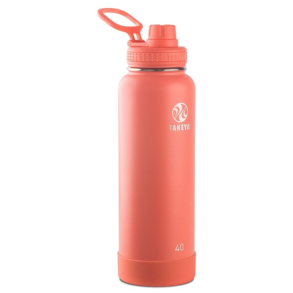 Takeya Actives Insulated Stainless Steel Water Bottle with Spout Lid, 40 Ounce, Coral