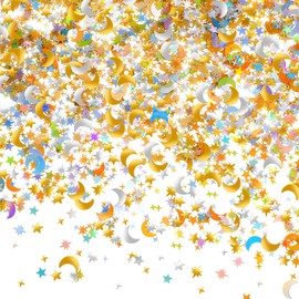 60 G/ 2.1 oz Holographic Star and Moon Glitter Confetti Sequin Galaxy Iridescent Table Metallic Glitter Foil Confetti Sequin Star Moon Scatter for Wedding Festival Party DIY(10 mm, 6 mm,Gold, Silver)
