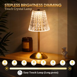 Nusogon Nusogon Cordless Lamp,Touch Dimmable Crystal Lamp 3 Colors,Portable LED Gold Lamp,Rechargeable Small Lamp,Battery Operated Lamp Vintage Lamp for Bedroom Living Room Restaurant Outdoor Indoor(Gold)