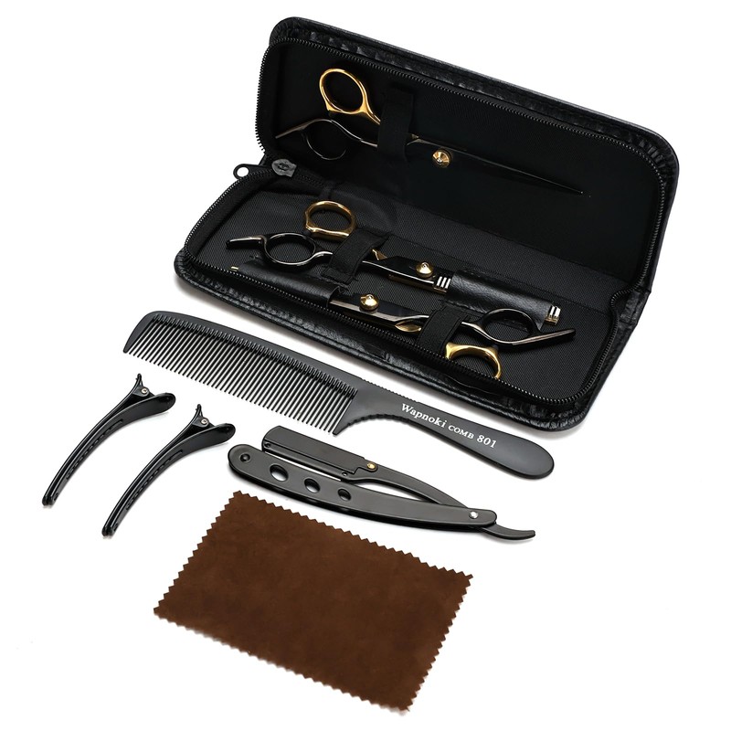 ステンレス製 髪切りハサミ 理容道具セット 低すき率 すきばさみ ヘアスタイリングコーム ストレートエッジ カミソリ ハンドル付きヘアブラシ 9