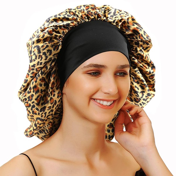Sent Hair Large Satin Bonnet Sleep Cap for Women Double Layer Silky Hair Bonnet for Braids,Curly,Long Hair- Wide Elastic Band,Leopard