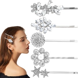 5Pcs Rhinestone Hair Clips, Silver Rhinestone Hair Clip Crystal Hair Clips Bride Bridesmaids Wedding Hair Accessories for Women Girls