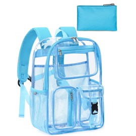 QOECI Heavy Duty Clear Backpack For School, 17 Inch Clear Bookbag For Kids Boys Girls Women Men, Large See Through Backpack With An Extra Pouch Accessories, Multi-Pockets Tranparent Bag, Light Blue