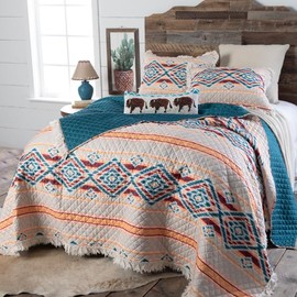 Rod's Sundance Southwest (Quilt Set) - Aztec Diamond Ruffle - Turquoise Blue Coral Red Tan - 3 Piece Full/Queen Bedding Set - (1) Full/Queen Quilt (90x90in) and (2) Standard Shams (20x26in)