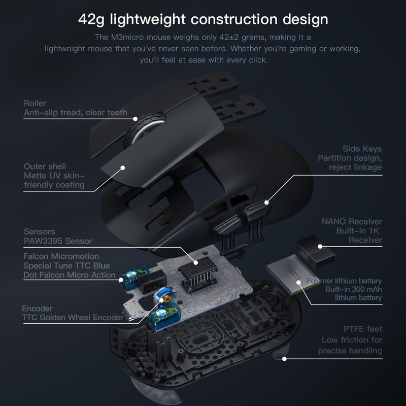 Darmoshark M3micro Wireless Gaming Mouse,Tri-Mode 2.4G/USB-C/Bluetooth Mouse Up to 26000DPI,PAW3395