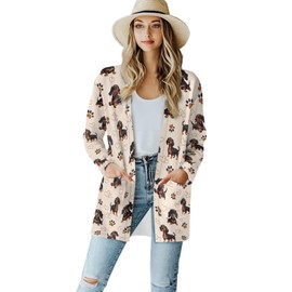 PCSJRKG Dachshund Dog Paw Printed Cardigan Coat for Women Open Front Cardigan Jacket, Loose Outerwear with Pocket for Daily, Beige, XL
