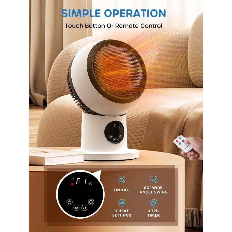 ECOWELL 15" Compact Modern Heater and Fan Combo, 1500W PTC