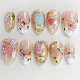 QQPPOLIU Flower Press on Nails Almond Pink Fake Nails Short Length with Floral Design Cute Nail for Girls 24pcs