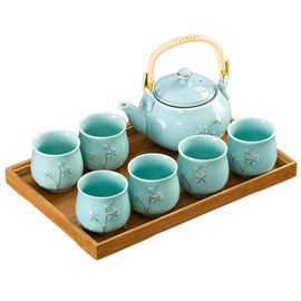 KEYDUACU Japanese Tea Set, Kiln-Formed Ceramic TeaSet, Plum Blossom Embossed, Includes 1 Teapot, 6 Teacups,Tea Tray,Strainer, Used for home, outdoor, gift, Chinese Kung Fu Tea Sets(FDMH-CYAN-MU)