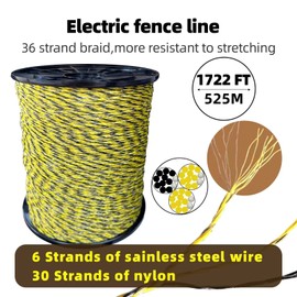Upgraded Electric Fence Polywire 1722 Feet 525 Meters, 6 Stainless Steel Strands for Reliable Conductivity and Rust Resistance, Easy to Install,Portable Electric Fencing,Yellow and Black Color