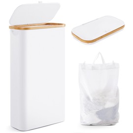 Slim Laundry Hamper with Lid by Fiona's magic, 63L Narrow Laundry Basket with Removable Bag, White Collapsible Dirty Clothes Basket, Thin Tall Storage Basket for Bathroom, Bedroom