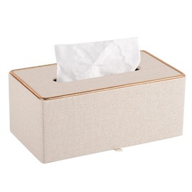 OIENNI Tissue Case PU Leather Tissue Box Holder Tissue Storage Tissue Cover Internal Dimensions Approx. W23.5xD12xH9 cm Can Hold Entire Box Stylish For Office Home Use (Gold Edge + Beige)