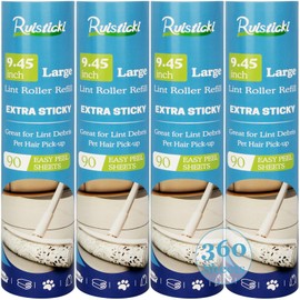 9.45 inch Lint Roller Refills, Extra Sticky Large Lint Roller Refills 9.45 in Long Pet Hair Remover Roller Refills for Floor Carpet, Pack of 4 Refills, 90 Sheets per Refill, Total 360 Sheets