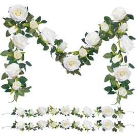 Foshird Pack of 2 Artificial Flower Garlands, Decorative White Roses, Large 2 m Artificial Flowers, Hanging for Garland, Wedding, Flower Wall, Room Decor, Garden Party