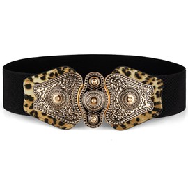 macoking Womens Stretch Elastic Waist Wide Belt Leopard with Fashion Western Retro Buckle Web Cinch M (25"-31")