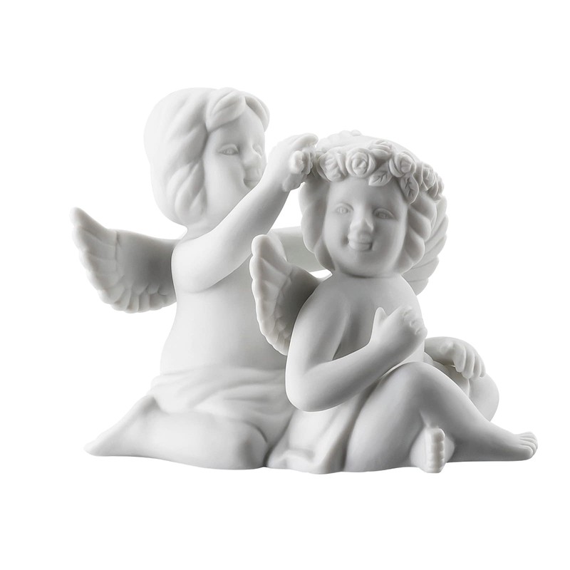 Angel Small White Matt Angel Couple with Flower Wreath
