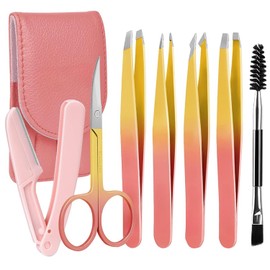 Pinzette Set Edelstahl (7 Stück), Präzisions Pinzetten Edelstahl, Augenbrauen mit Schere, Rasiermesser, Spiegel für Eingewachsene Haare, Für Damengeschenke, Pink