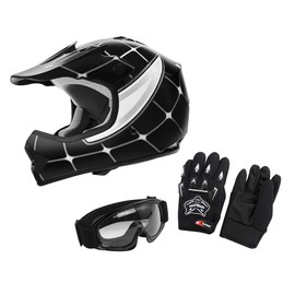 XFMT DOT Youth Kids Motocross Offroad Street Dirt Bike Helmet Goggles Gloves ATV Mx Helmet … (Black Spiders, Small)