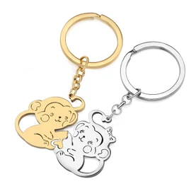 WEVENI Cute Monkey Gifts Stainless Steel Couple Monkeys Keychain Ring Ape Orangutan Gorilla Accessories for Women Girls, Couple Monkeys Gold + Silver, 44mm x 53mm