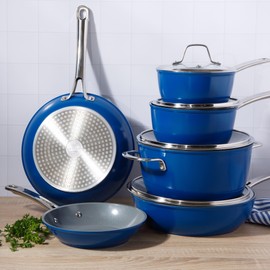 Sur La Table Kitchen Essentials Cool Commune Hard Anodized 10 Piece PFA Free Ceramic Non stick Interior Forged Durable Aluminum Pots and Pans Cookware Set - Blue - Induction Compatible