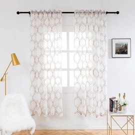 VISIONTEX 2 Pieces Moroccan Trellis Embroiderd White Sheer Curtains , Euro Style Faux Linen Rod Pocket, Voile Tulle Semi Window Treatment Drapes for Window Door and Bathroom, 54" x 72", Light Brown