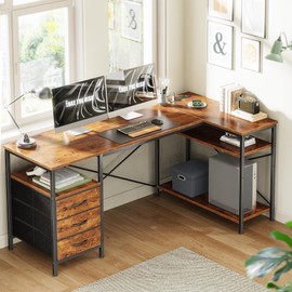 Huuger L-Shaped Desk - Power Outlets, 3 Drawers, 55" Office Desk with Shelves, Gaming, Rustic Brown