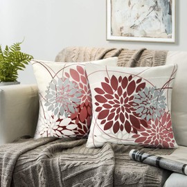 RYBornament Red Pillowcases 50 x 50 cm, Dahlia Cushion Cover, Linen Cushion Cover, Abstract Geometry Flower Cushion Covers, Decorative Cushion Covers, Suitable for Living Room, Garden, Sofa