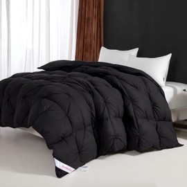 SNOWMAN All-Season 75% Down Comforter King Size, Pinch Pleat Duvet Insert with 8 Corner Tabs, Medium Warm Bed Comforter, Soft and Durable Down Proof Cotton Blended Fabric (Black, 106"x90")