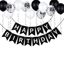 Joyeah Black Birthday Decorations for Men Women, Black and White Party Decorations Boys Girls with Black Happy Birthday Banner Confetti Balloons Party Supplies