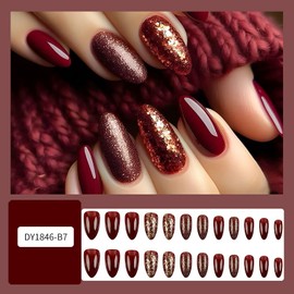 Wine Red Valentine's Acrylic Nails Glitter Powder Sequins Press on Nails Glitter False Nails Full Cover Reusable Glue on Nails Valentine's Stick on Naills for Wommen Artificial Acrylic Nails Kit